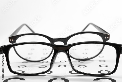 Vision test chart and different glasses on white background, closeup