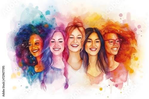 Happy women group International women's day. watercolor style celebration Diverse representation
