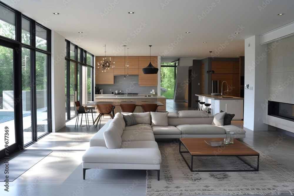 Minimalist home interior Clean design lines. open-concept living space Natural light Sleek furniture