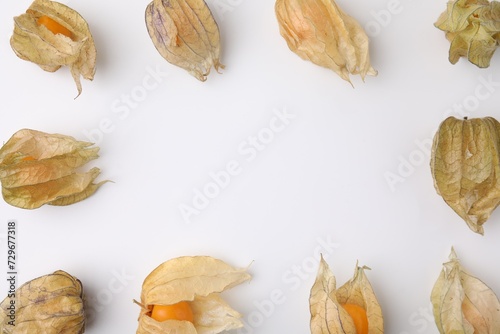 Frame of ripe physalis fruits with calyxes on white background, flat lay. Space for text