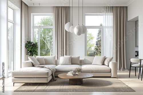 Modern living room Clean and contemporary. daylight freshness Beige white sofa Interior elegance