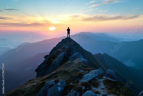 Person standing on a mountain peak during sunset A symbol of achievement and the beauty of nature © Jelena