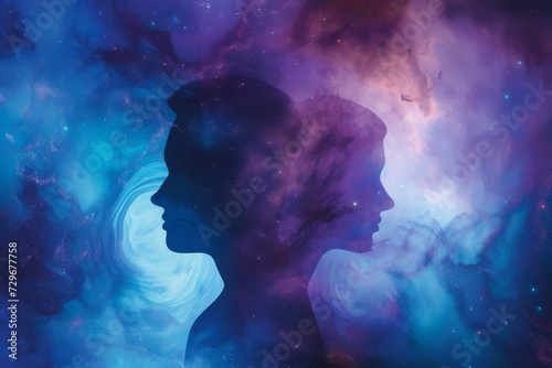 Silhouettes of a man and woman against an abstract cosmic background Symbolizing the connection between human souls and the universe