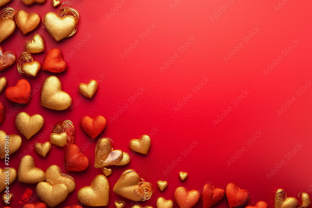 Red and golden hearts on bright red background. Top view, copy space Red and golden hearts on bright red background. Top view, copy space