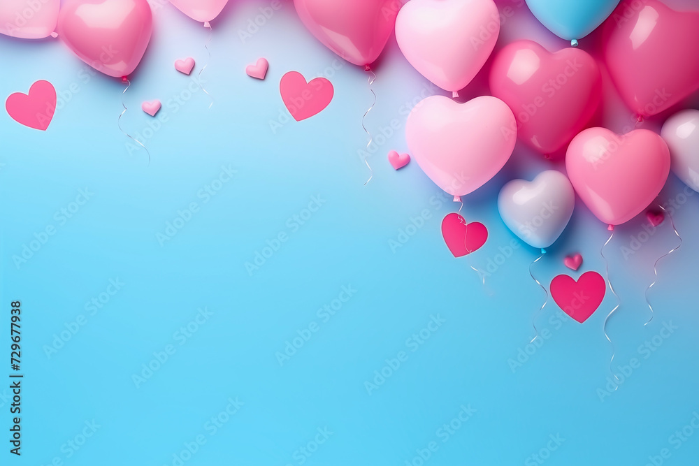 Border of pink and blue heart-shaped balloons on a blue background. Copy space, top view
