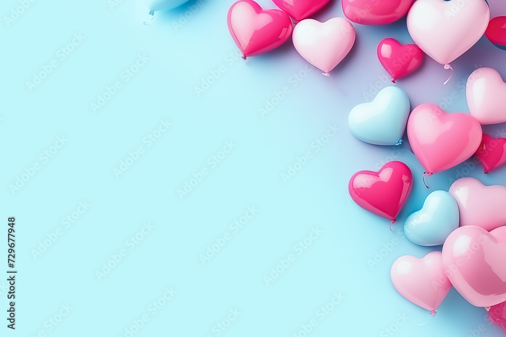 Pink and blue heart-shaped balloons on a blue background. Copy space, top view