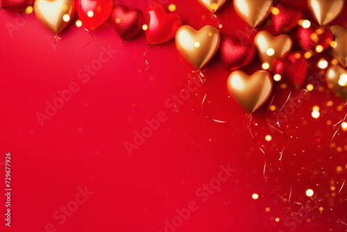 Golden and Red Heart Balloons on Red Background