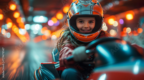 A cheerful young girl, wearing a racing helmet, experiences the thrill of driving a go-kart at a brightly lit indoor track photo