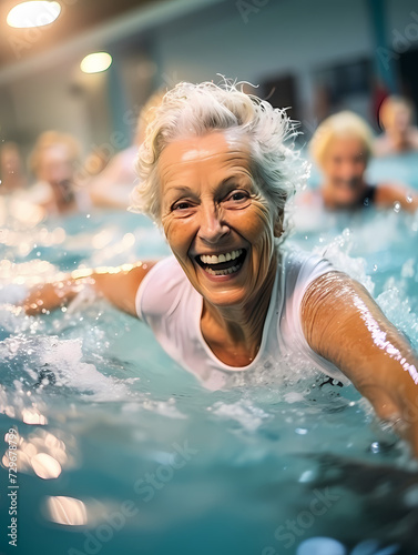 Retired woman having fun in a swimming class with other seniors. Aquatic game in a swimming pool. Image conveys self-improvement, an active and happy person. © AdrianGomezFoto