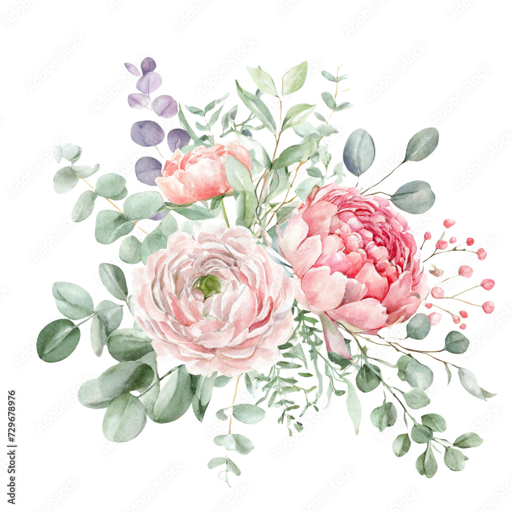 Watercolor floral illustration. Pink flowers and eucalyptus greenery bouquet. watercolor with multicolor style