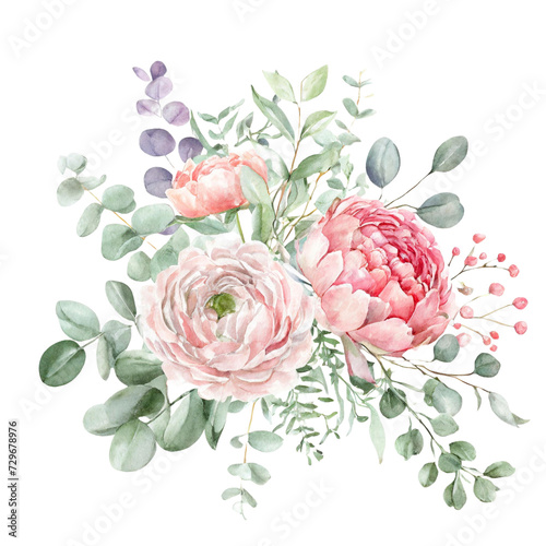 Watercolor floral illustration. Pink flowers and eucalyptus greenery bouquet. watercolor with multicolor style