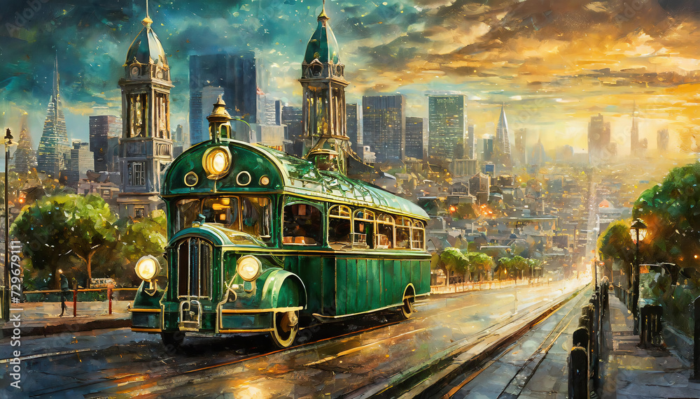 © Arda ALTAY - Dreamlike view of a green steampunk train moving on train track with skyscraper and city view on the background. Retro futuristic and apocalyptic concept concept. © Arda ALTAY - Dreamlike view of a green steampunk train moving on train track with skyscraper and city view on the background. Retro futuristic and apocalyptic concept concept.