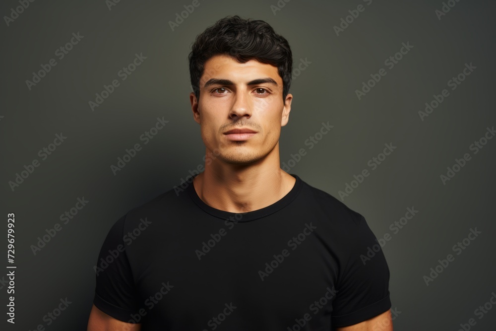 Handsome young man in black t-shirt on dark background