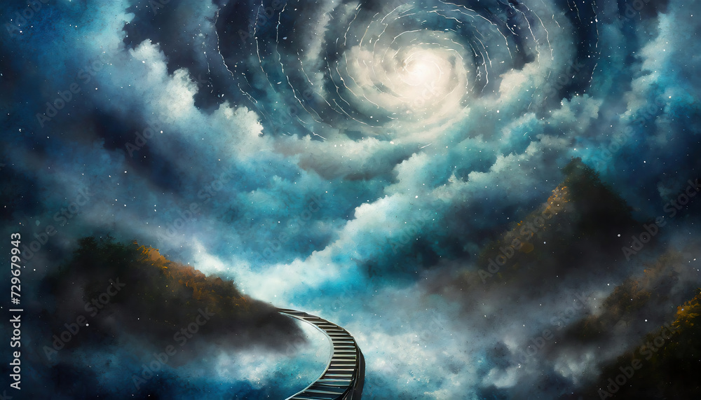 Dreamlike view of stairs to nowhere and space,enigma,space nebula, godrays, thunderstorm, hurricane - obrazy, fototapety, plakaty 