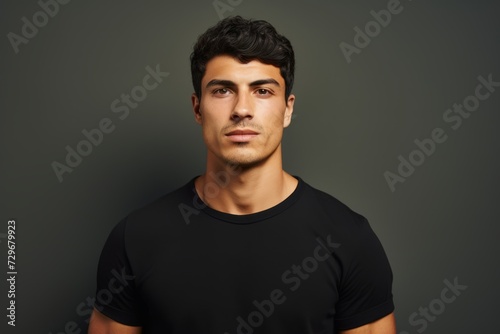 Handsome young man in black t-shirt on dark background