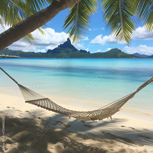 Pristine beach with crystalclear water ahammock swaying in the breeze withfootprints in the sand isl Generative AI photo