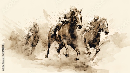 black ink drawing of horse race or derby. photo