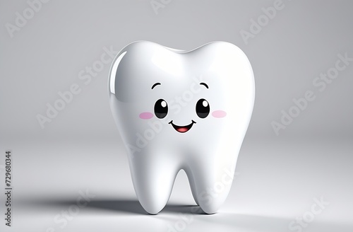 Cute toy tooth. Smiling, cheerful tooth on light background. Dental health, oral hygiene, fresh breath. Pediatric painless dentistry