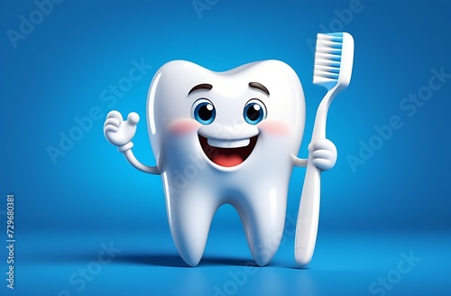 Smiling 3D cartoon tooth with toothbrush in his hands. White healthy tooth on blue background