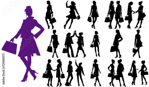 Vector silhouettes of shopping women