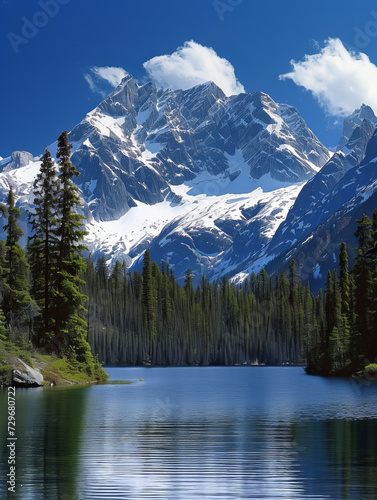 Serene Mountain Lake with Snowy Peaks and Pine Trees