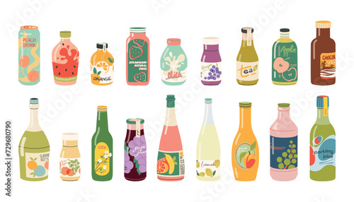 Drinks in glass bottles set. Fruit juices, soda water, tea, lemonades, sweet sparkling water, chocolate milk, and other cold summer beverages. Flat vector illustration on a white background.