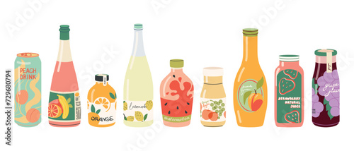 Cold drinks in glass bottles and can set. Fruit juices, soda water, sweet sparkling water, lemonades, and other cold summer beverages. Flat vector hand-drawn illustration on a white background.