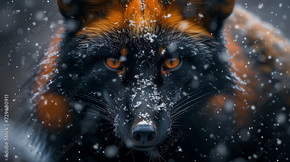 a black and orange fox with snow falling on it's face and eyes a black and orange fox with snow falling on it's face and eyes
