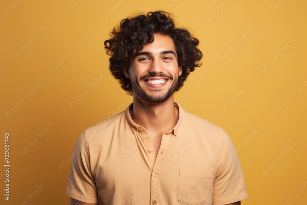 Portrait of happy young man with curly hair on yellow background. Portrait of happy young man with curly hair on yellow background.