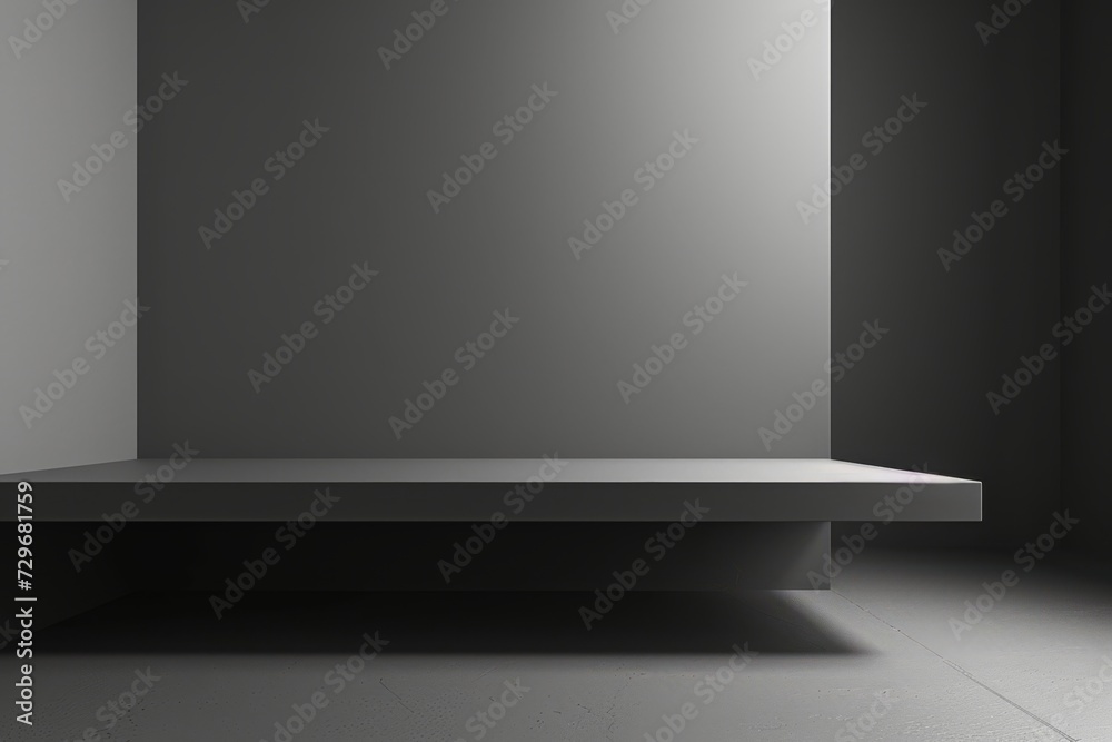 Product display minimalist design featuring a sleek, empty platform in a shadowed room with subtle lighting Product display minimalist design featuring a sleek, empty platform in a shadowed room with subtle lighting