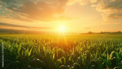 organic corn field at agriculture farm in the morning sunrise