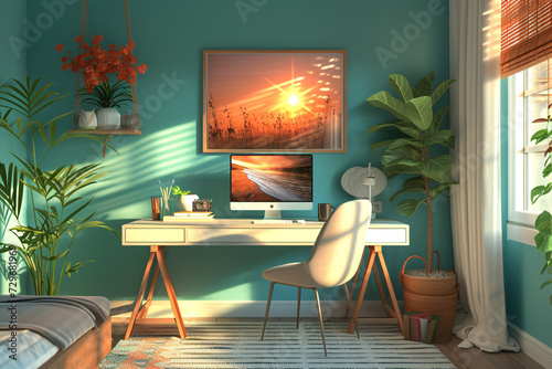 Teal Color Wall of Minimalist Scandinavian Interior Home Office Room, Home Workstation Table Chair, Desk and Frame Plants Vase sunlight from window