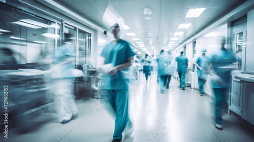a group of people in scrubs walking in a hospital hallway