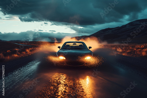 a car driving on a road with smoke and lights