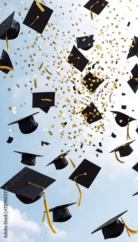 Graduation cap floating in the sky with confetti. Flying graduation caps on the air with golden confetti for graduates colleges party