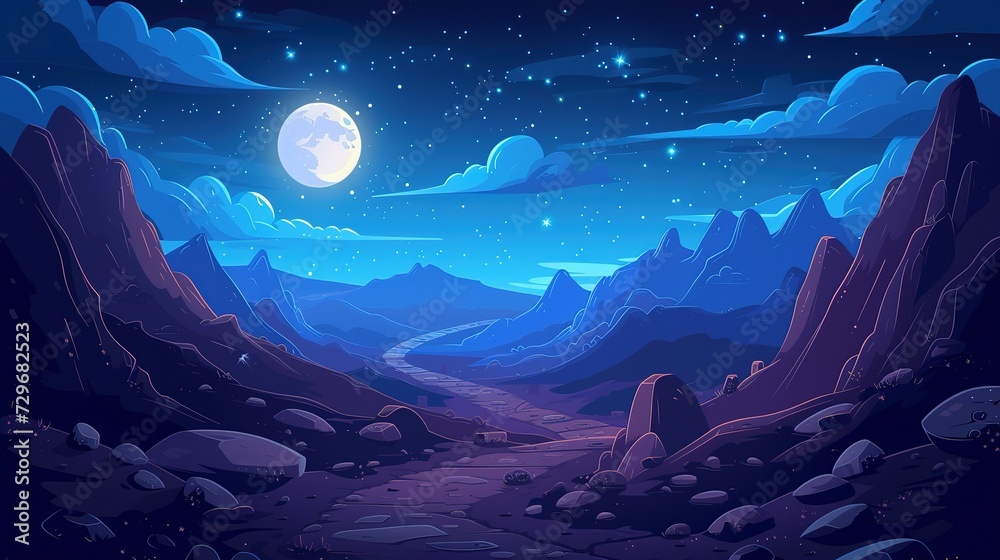 © Jennifer - Night mountain landscape with path leading to rocky hills under starry sky with clouds and full moon. Cartoon vector illustration of dark blue dusk scenery with road and rocks under moonlight © Jennifer - Night mountain landscape with path leading to rocky hills under starry sky with clouds and full moon. Cartoon vector illustration of dark blue dusk scenery with road and rocks under moonlight