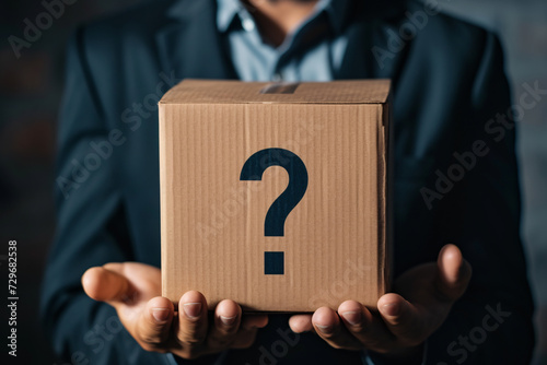 a person holding a box with a question mark