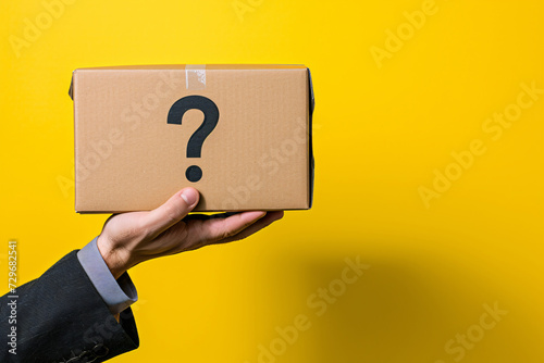 a hand holding a box with a question mark on it photo