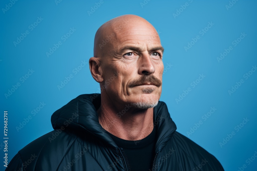 Portrait of a bald senior man in a black jacket on a blue background.