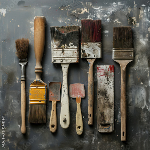 Flat lay of vintage painters tools