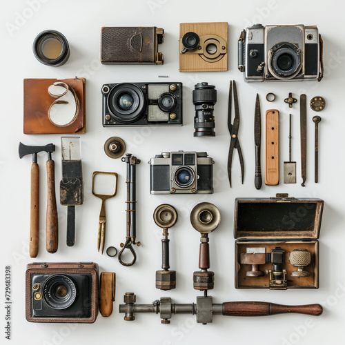 Flat lay of Photography, Gaming, and computer terchnology tools