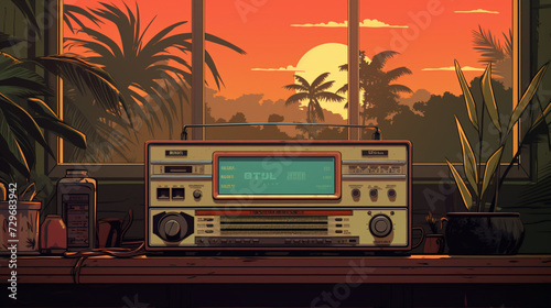 an old retro radio, in the style of tropical landscapes, graphic novel inspired illustrations, cypherpunk, backlight, sublime landscapes, silkscreen, bugcore photo