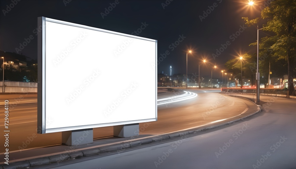 Empty white blank street billboard at night, blank white glowing signboard on roadside in city at night time, Promotional poster mock up