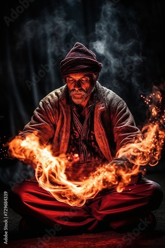 Portrait of an old man with a burning fire in his hands photo