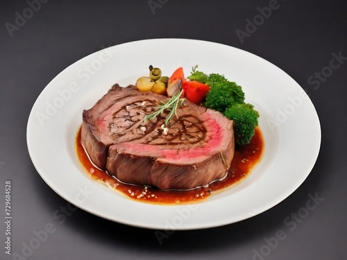 a dish of beefsteak delicious on white background