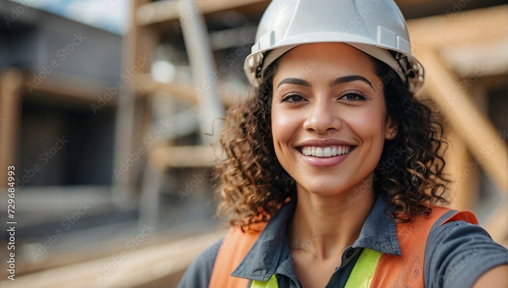 Smiling young mixed-race female construction worker with a safety helmet and vest, taking a selfie on a construction site. Smiling young mixed-race female construction worker with a safety helmet and vest, taking a selfie on a construction site.