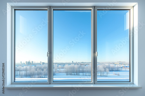 White window with winter forest landscape view.