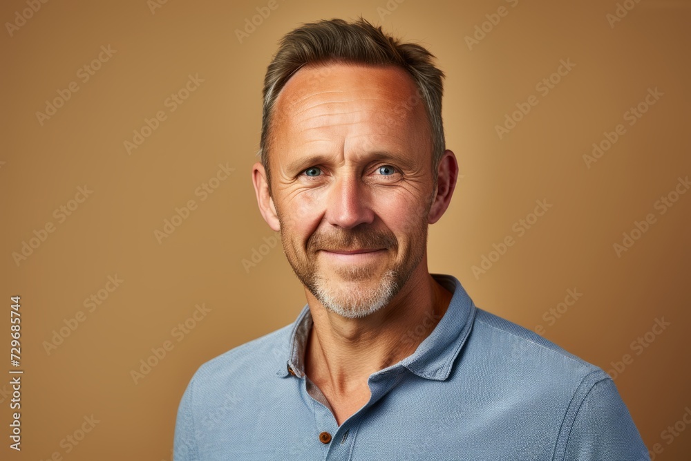 Portrait of a smiling senior man in a blue shirt on a brown background. Portrait of a smiling senior man in a blue shirt on a brown background.