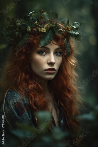 Portrait of a red-haired fairy girl in a wreath of wildflowers. 