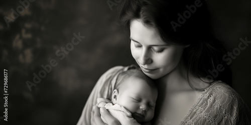 an intimate moment between a mother and her baby as she hugs him her black and white studio photo
